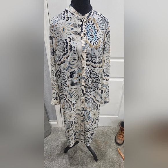 H&M Sheer Floral Kaftan Button Down Tunic Coverup Boho Resort Beach Shirt Dress - Picture 2 of 4